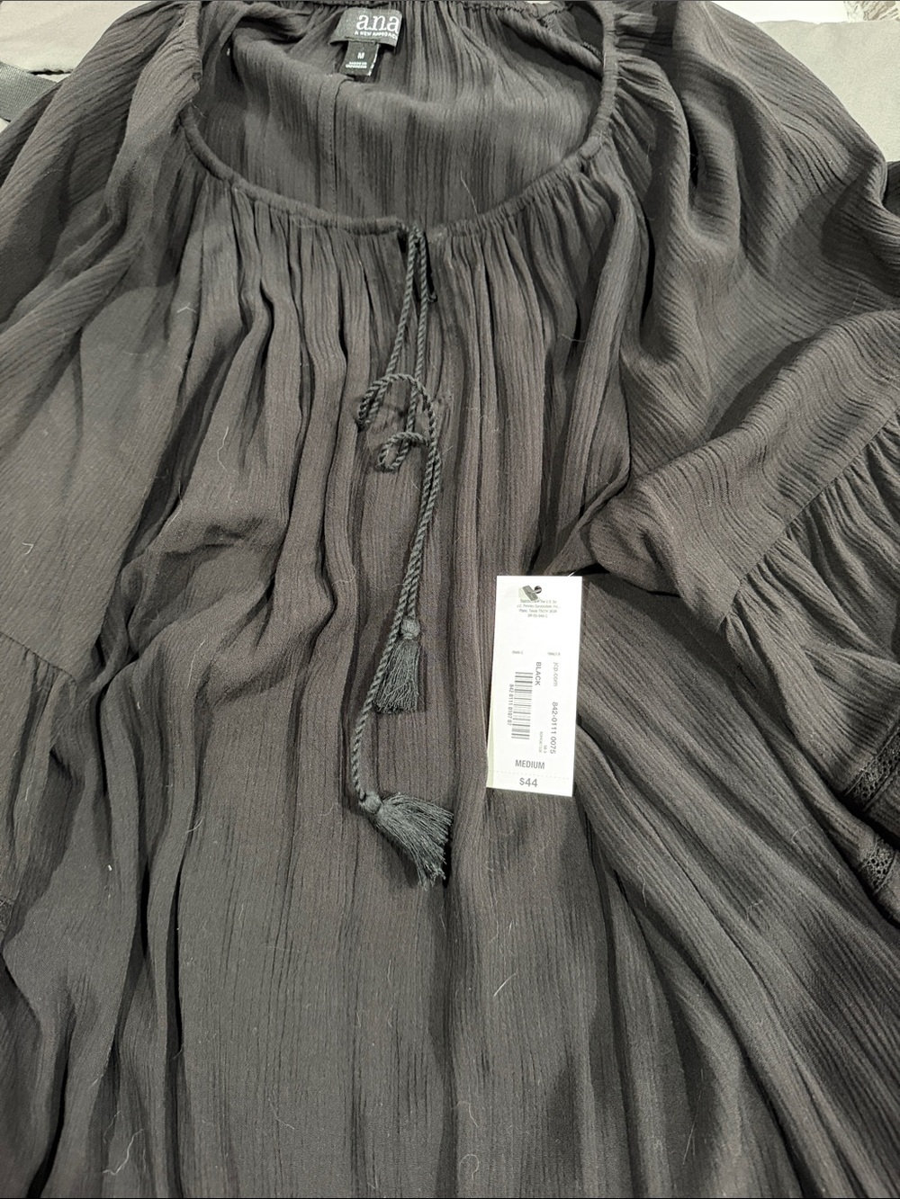 a.n.a Black Gauzy Peasant Tunic with Tassel Tie